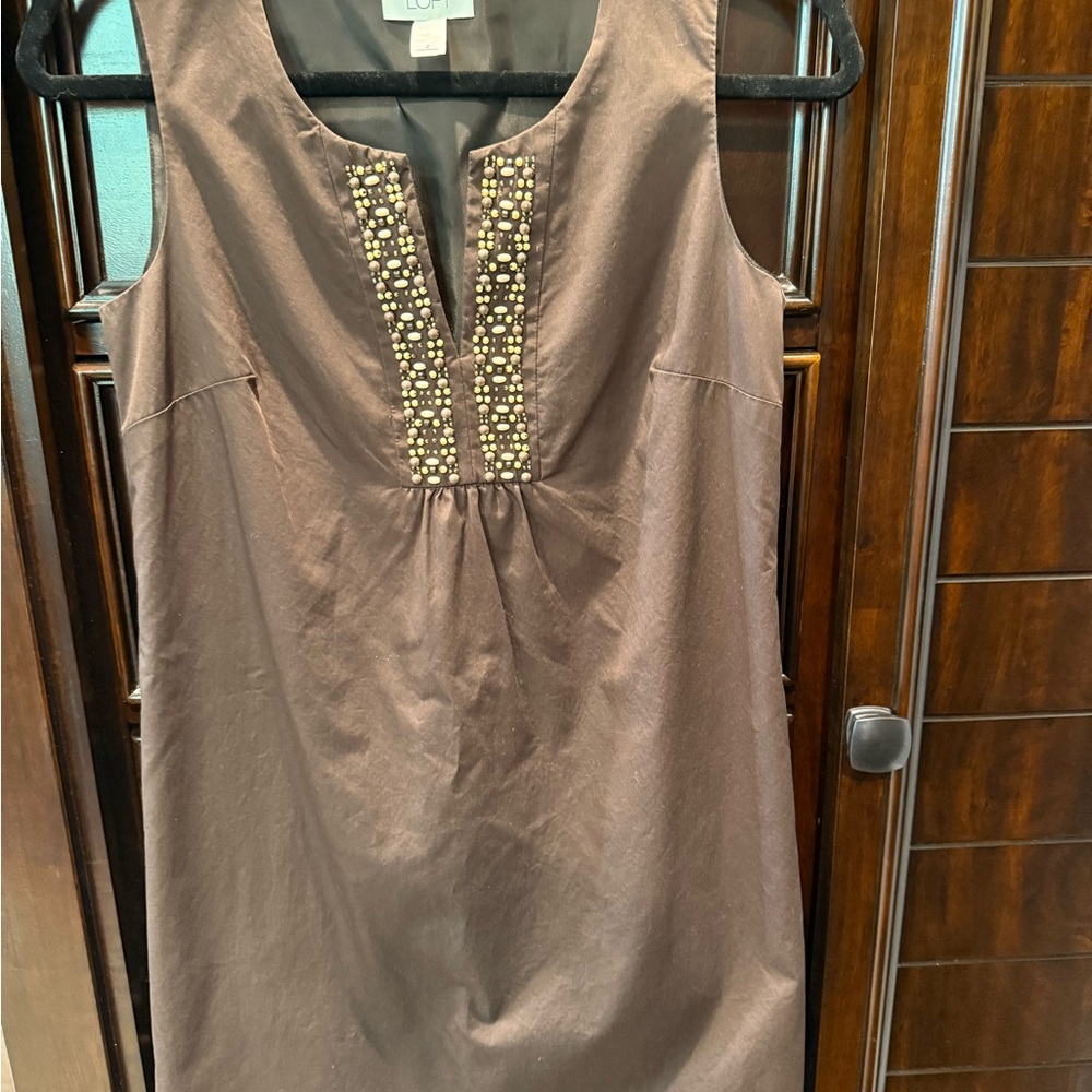 Anne Taylor LOFT Dark Brown Sleeveless Dress with Embellished Neckline Size 2